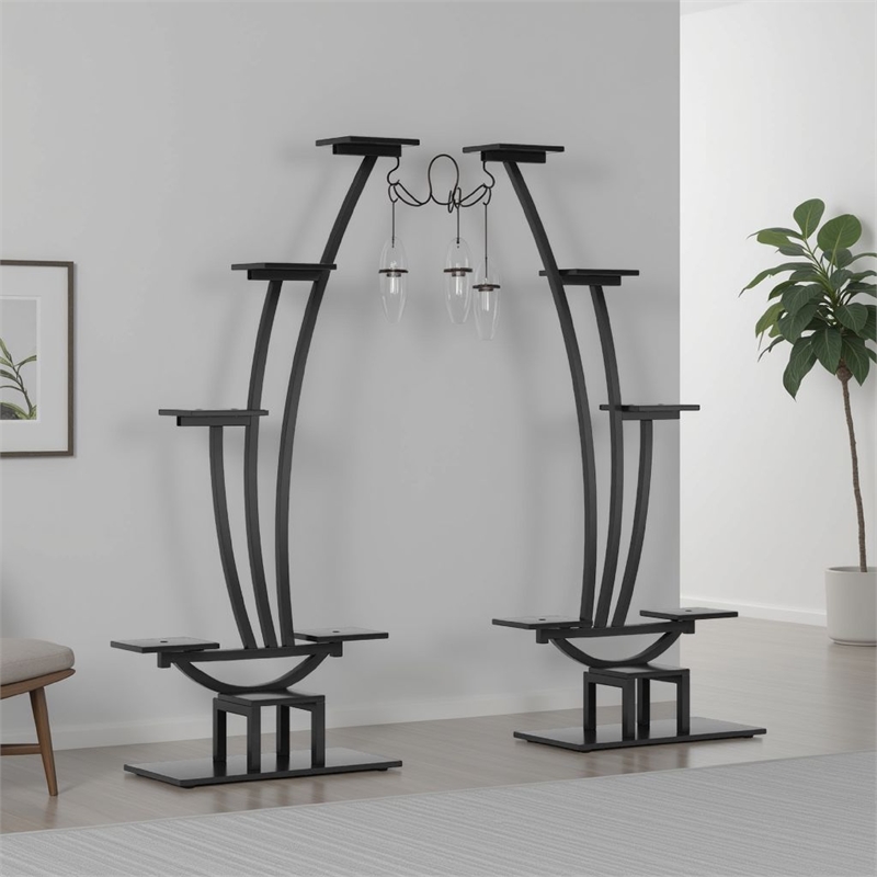 Benjara 6 Tier Plant Stand Set of 2 w Hooks- Curved Display Shelf- Black