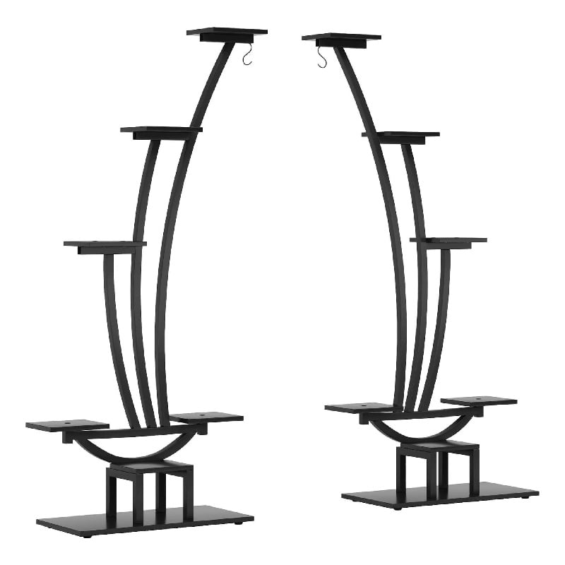 Benjara 6 Tier Plant Stand Set of 2 w Hooks- Curved Display Shelf- Black