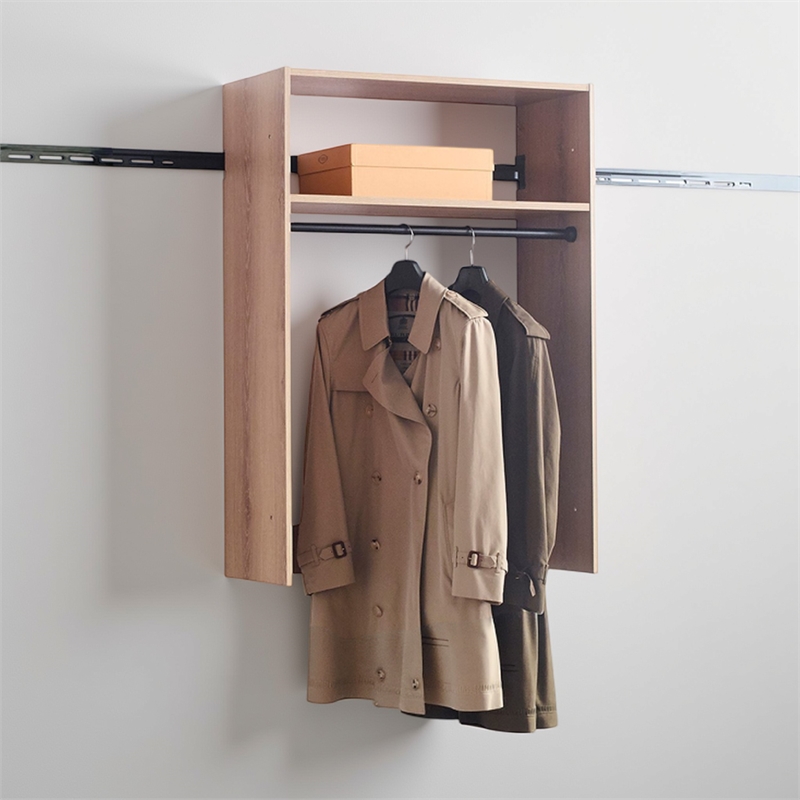 Benjara Vedz Wall Mount Walk in Closet- 1 Shelf w Hanging Rod- Oak Brown Wood