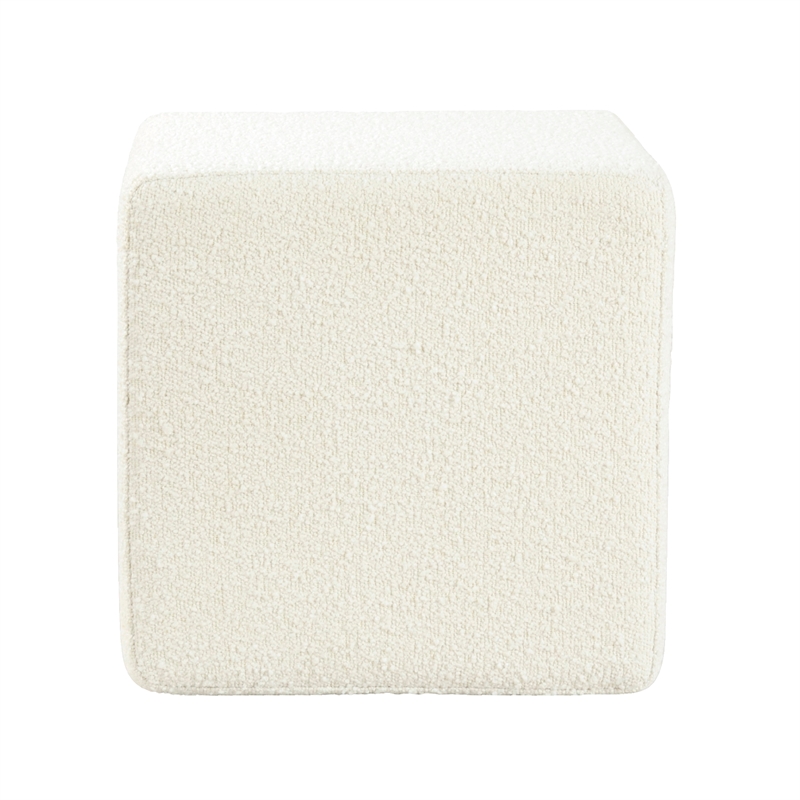 Benjara Lev Accent Ottoman- Square Cube SIlhouette with White Boucle 16 Inch
