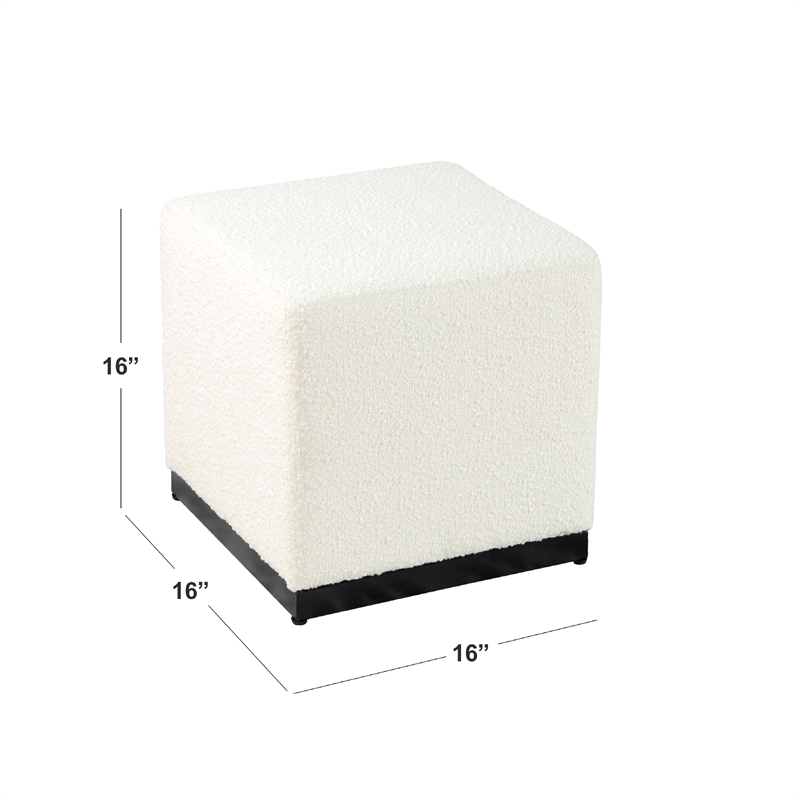 Benjara Lev Accent Ottoman- Square Cube SIlhouette with White Boucle 16 Inch