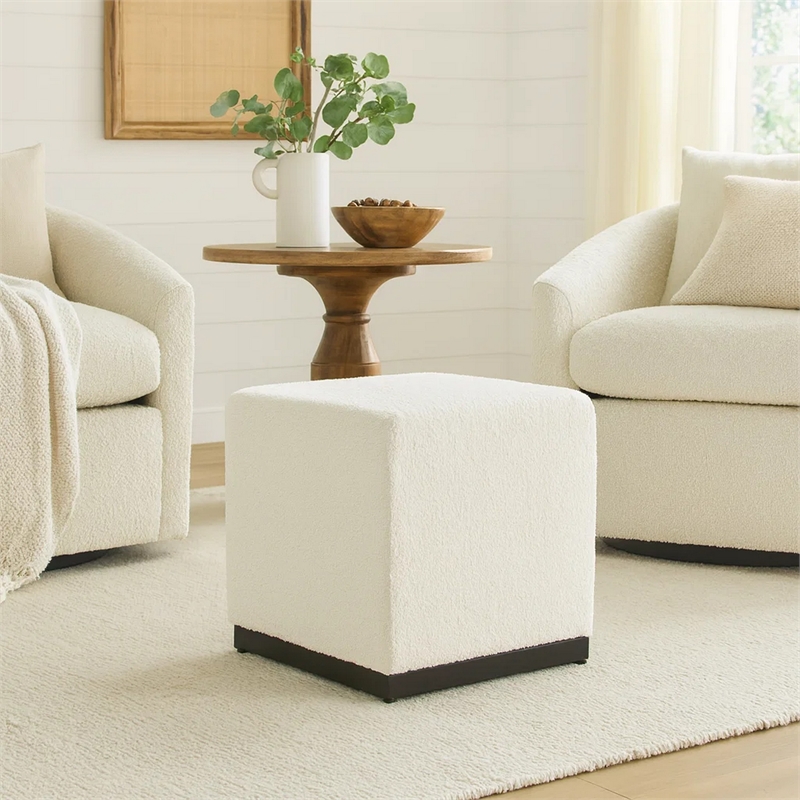 Benjara Lev Accent Ottoman- Square Cube SIlhouette with White Boucle 16 Inch
