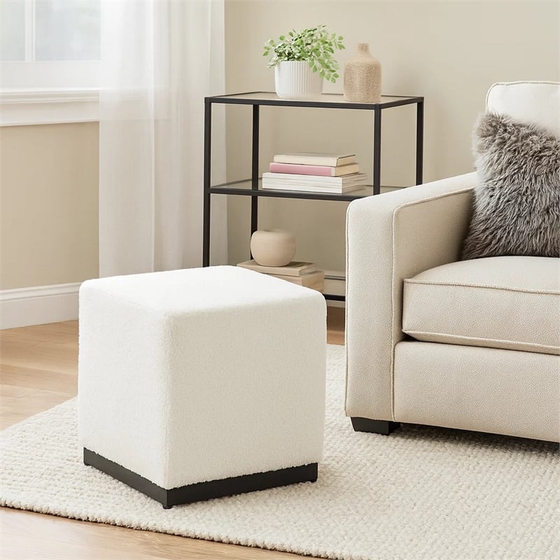 Benjara Lev Accent Ottoman- Square Cube SIlhouette with White Boucle 16 Inch