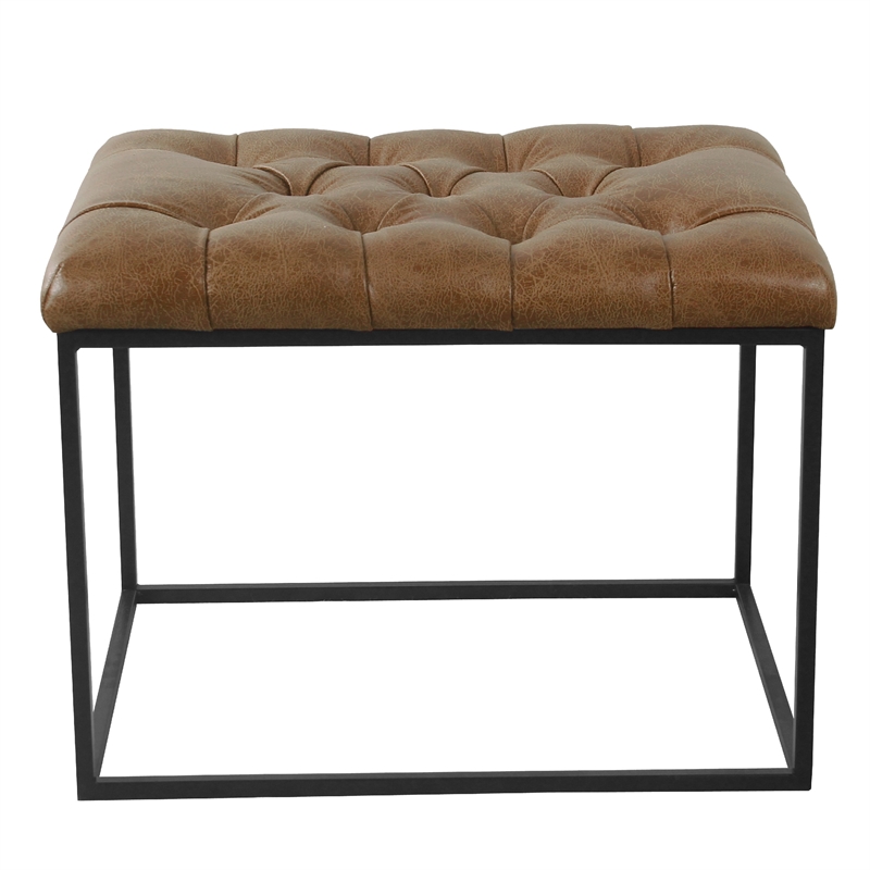 Benjara Ottoman Footstool- Black Metal- Brown Tufted Faux Leather 22 Inch