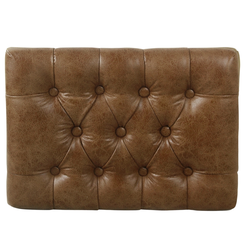 Benjara Ottoman Footstool- Black Metal- Brown Tufted Faux Leather 22 Inch