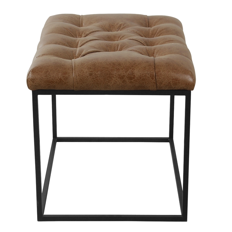Benjara Ottoman Footstool- Black Metal- Brown Tufted Faux Leather 22 Inch