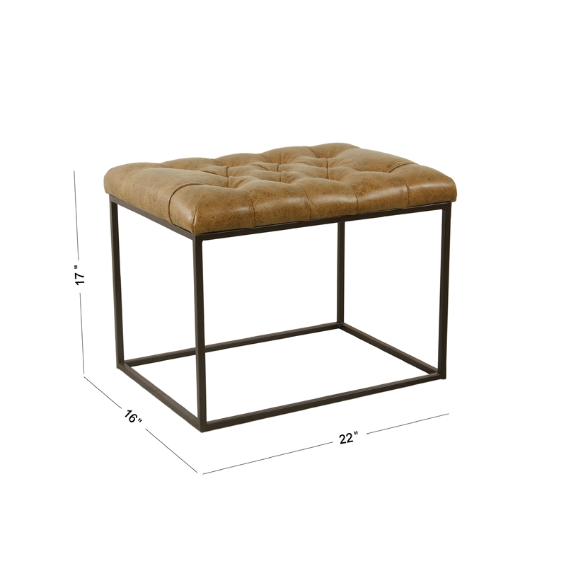 Benjara Ottoman Footstool- Black Metal- Brown Tufted Faux Leather 22 Inch