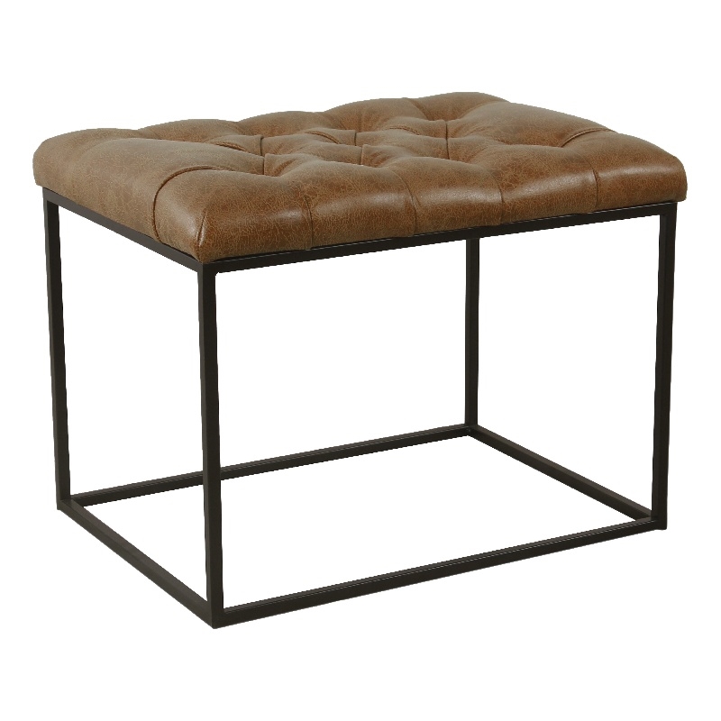 Benjara Ottoman Footstool- Black Metal- Brown Tufted Faux Leather 22 Inch