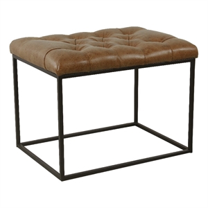 Benjara Ottoman Footstool- Black Metal- Brown Tufted Faux Leather 22 Inch