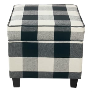 Benjara Pyp Square Storage Ottoman- 18&quot Black Plaid Cotton- Ebony Legs