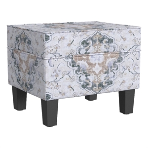 Benjara Ishi Accent Storage Ottoman- 22&quot White Blue Print- Black Wood Legs