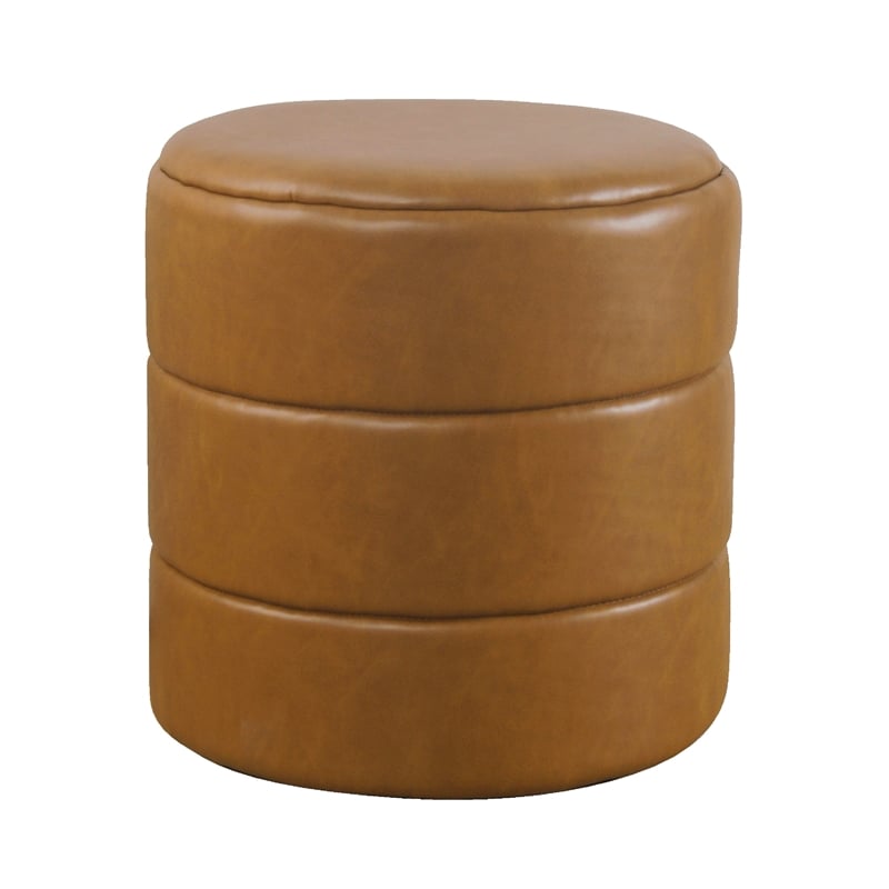 Benjara Sem Round Accent Ottoman- Brown Channel Tufted Faux Leather 18 Inch
