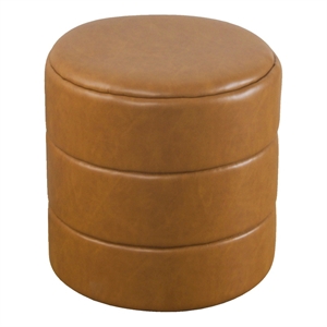 Benjara Sem Round Accent Ottoman- Brown Channel Tufted Faux Leather 18 Inch