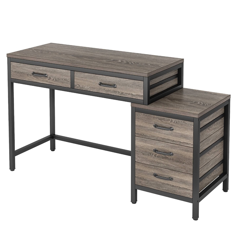 Benjara Computer Study Desk- 5 Gray Reversible Drawers- 39