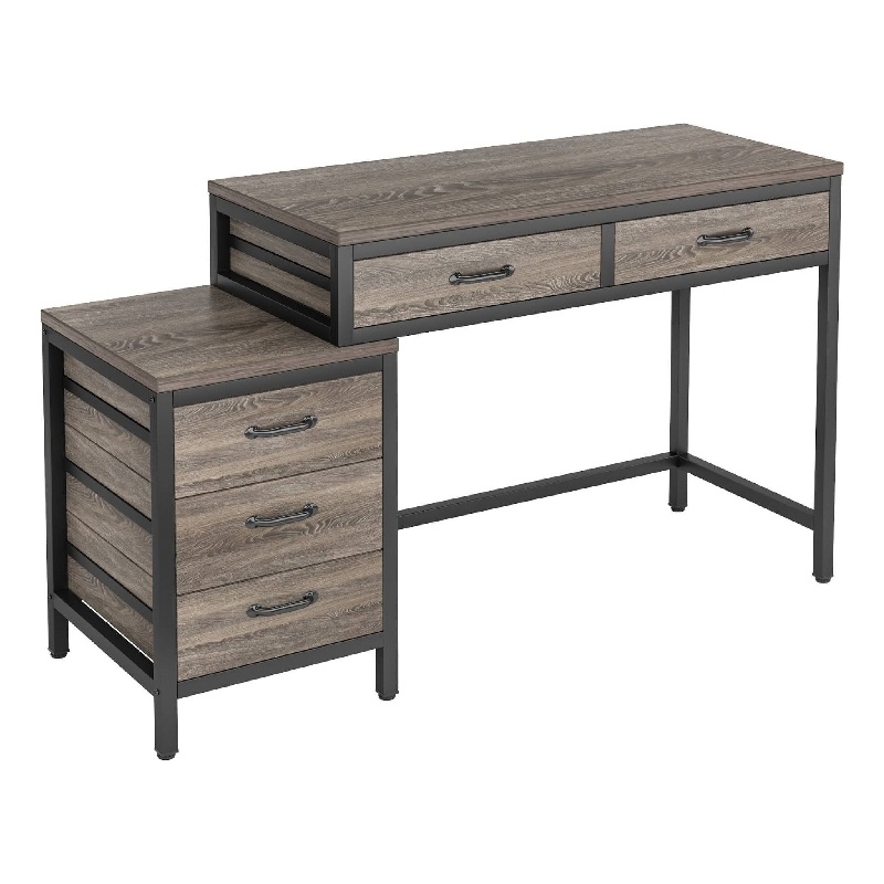 Benjara Computer Study Desk- 5 Gray Reversible Drawers- 39