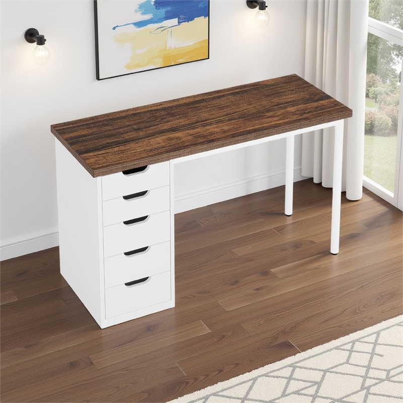 Benjara Computer Desk w 5 Drawers and White Metal Legs- 47