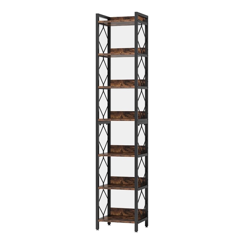 Benjara Corner Bookcase- 7 Tier Rustic Brown Wood Shelves- 79