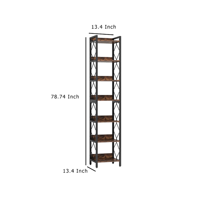 Benjara Corner Bookcase- 7 Tier Rustic Brown Wood Shelves- 79