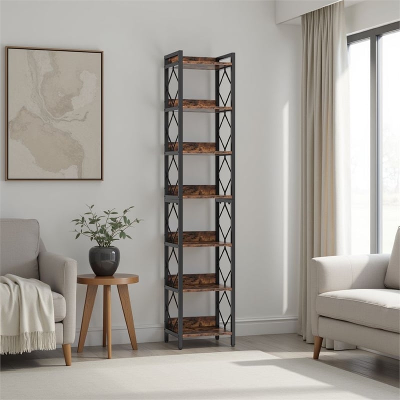 Benjara Corner Bookcase- 7 Tier Rustic Brown Wood Shelves- 79
