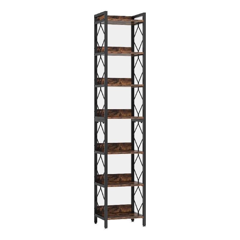 Benjara Corner Bookcase- 7 Tier Rustic Brown Wood Shelves- 79