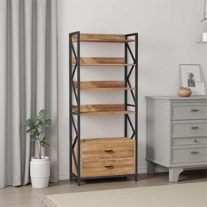 Benjara 5 Tier Bookshelf w 2 Drawers- 71