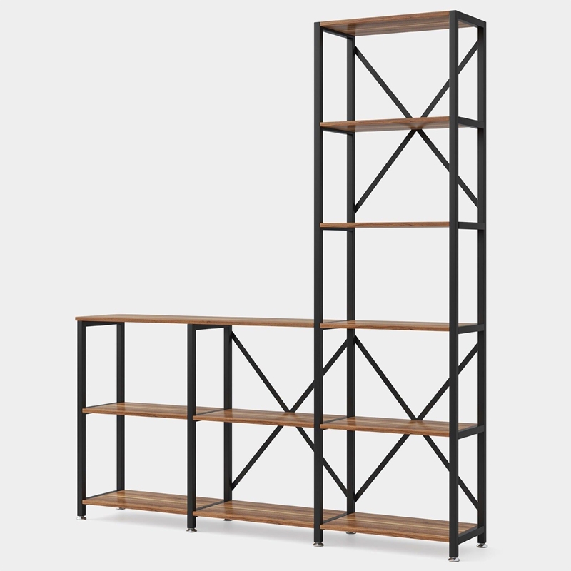 Benjara Ladder Corner Bookcase- 9 Shelf- Industrial Black Metal- Brown Wood