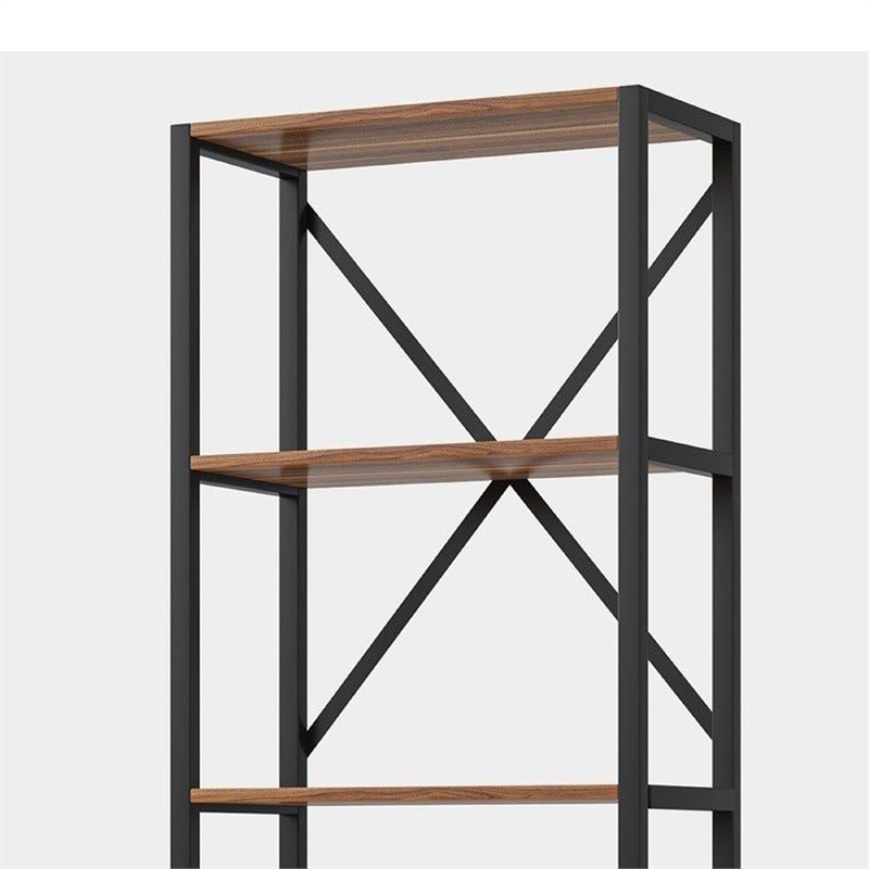 Benjara Ladder Corner Bookcase- 9 Shelf- Industrial Black Metal- Brown Wood