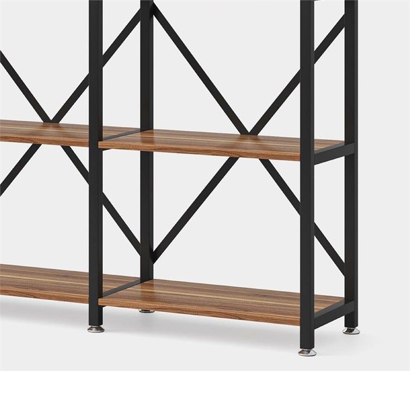 Benjara Ladder Corner Bookcase- 9 Shelf- Industrial Black Metal- Brown Wood