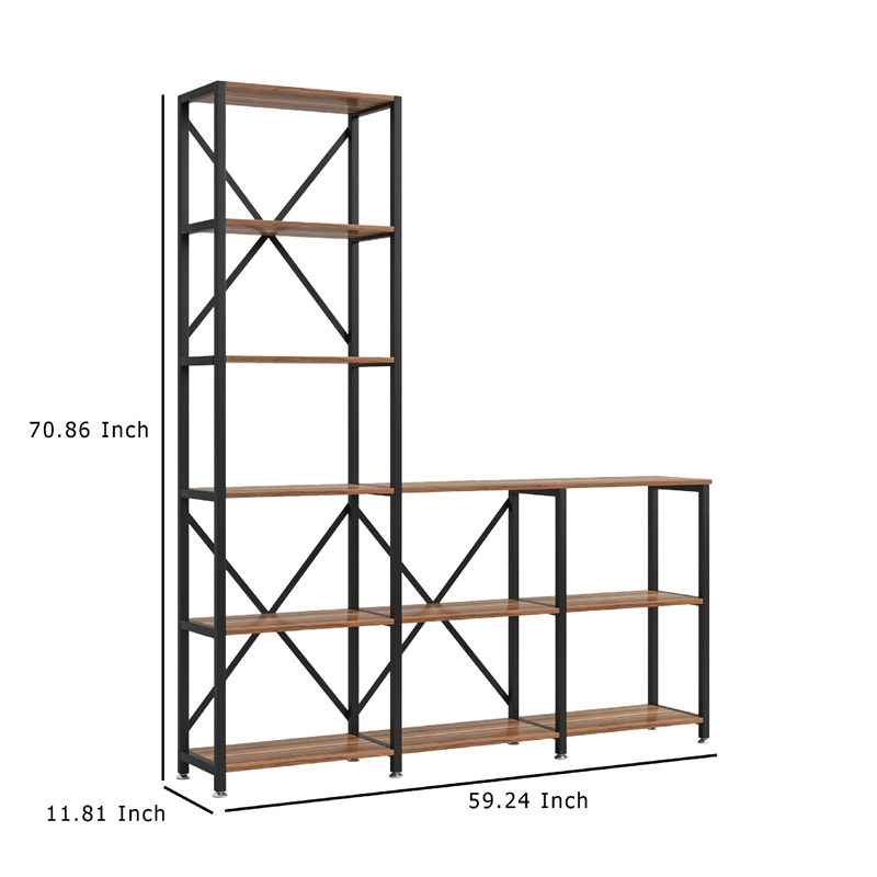 Benjara Ladder Corner Bookcase- 9 Shelf- Industrial Black Metal- Brown Wood