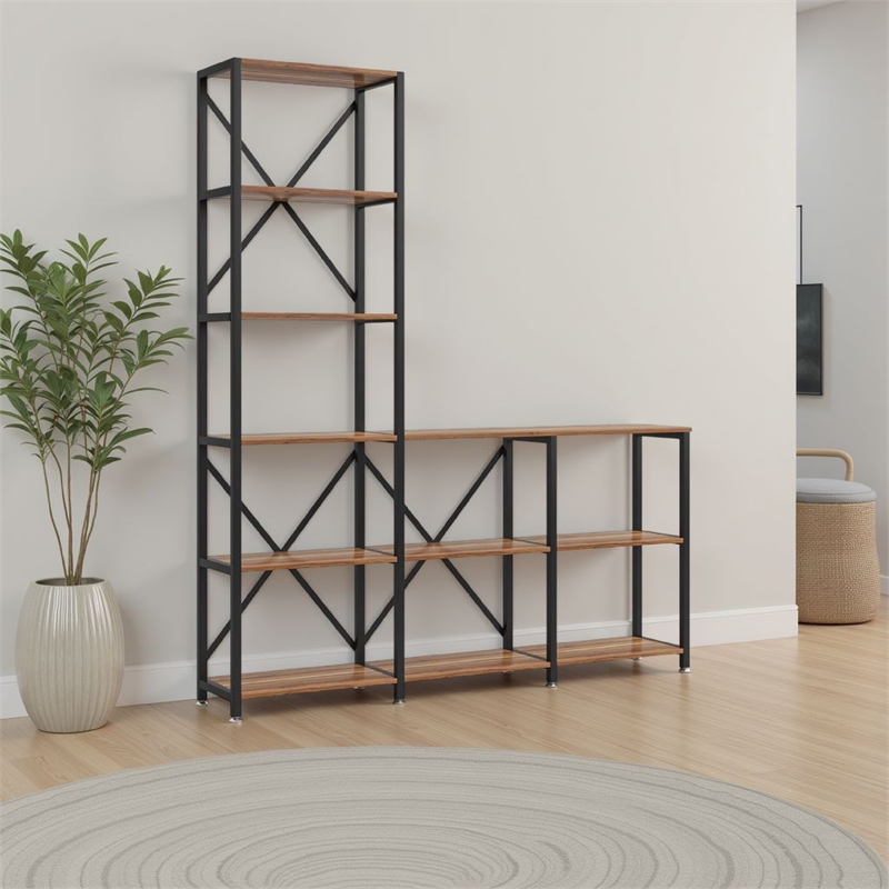 Benjara Ladder Corner Bookcase- 9 Shelf- Industrial Black Metal- Brown Wood