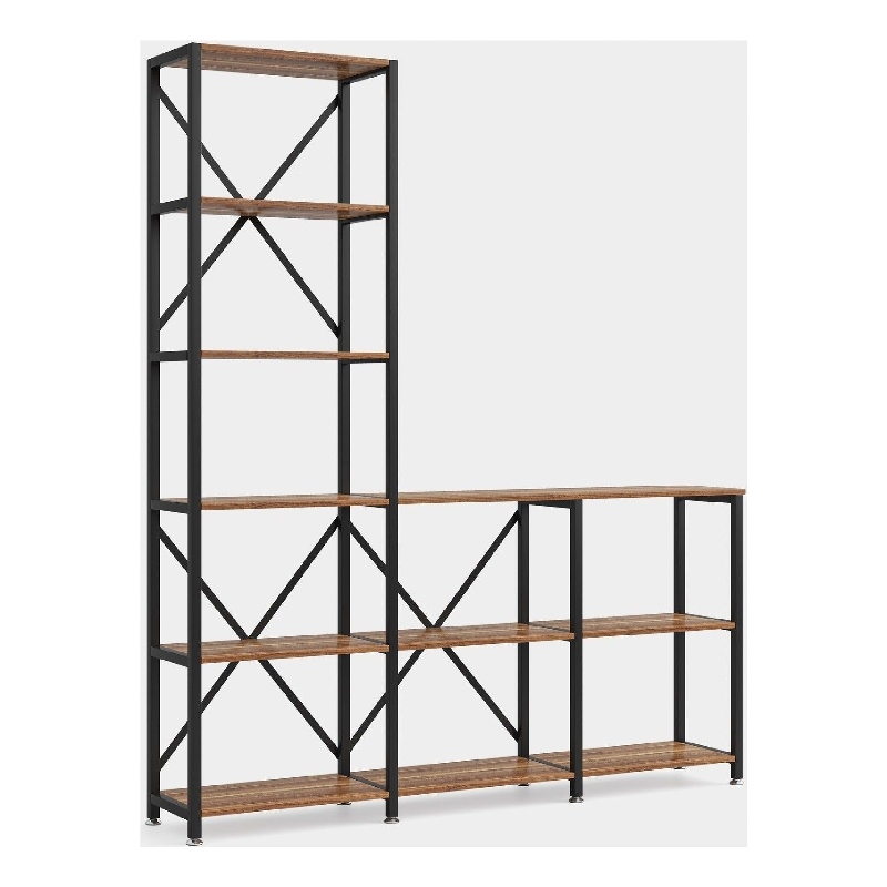 Benjara Ladder Corner Bookcase- 9 Shelf- Industrial Black Metal- Brown Wood