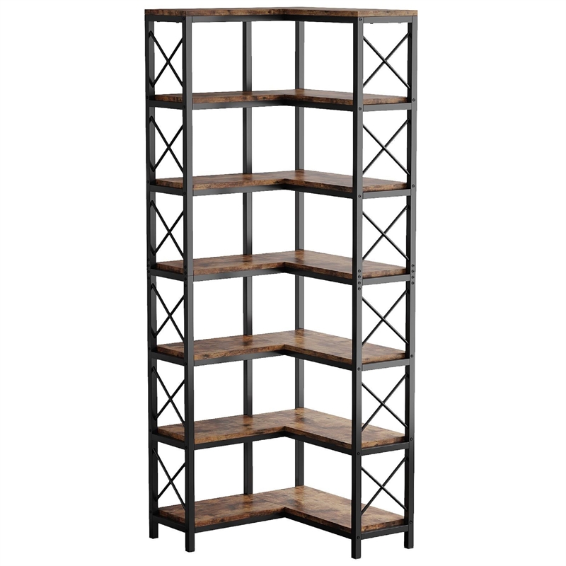 Benjara Corner Bookcase- 7 Tier w 14 Open Shelves- 79