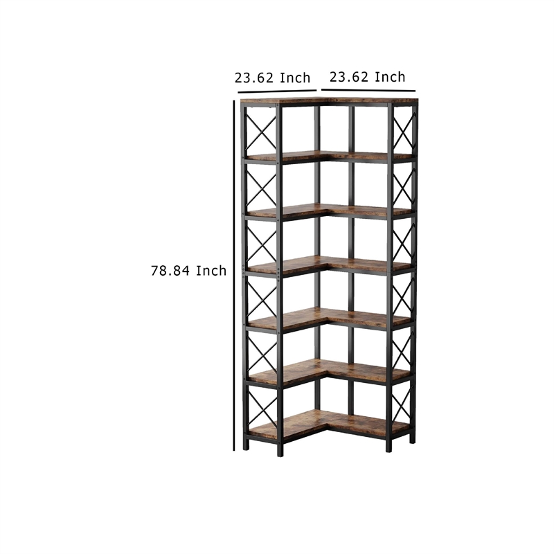 Benjara Corner Bookcase- 7 Tier w 14 Open Shelves- 79