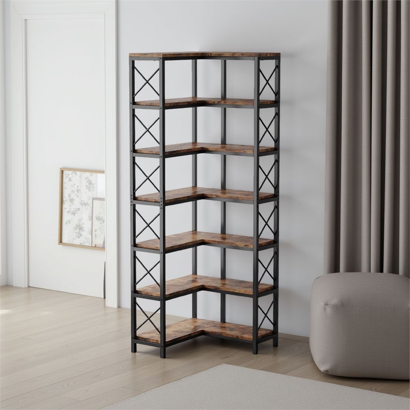 Benjara Corner Bookcase- 7 Tier w 14 Open Shelves- 79
