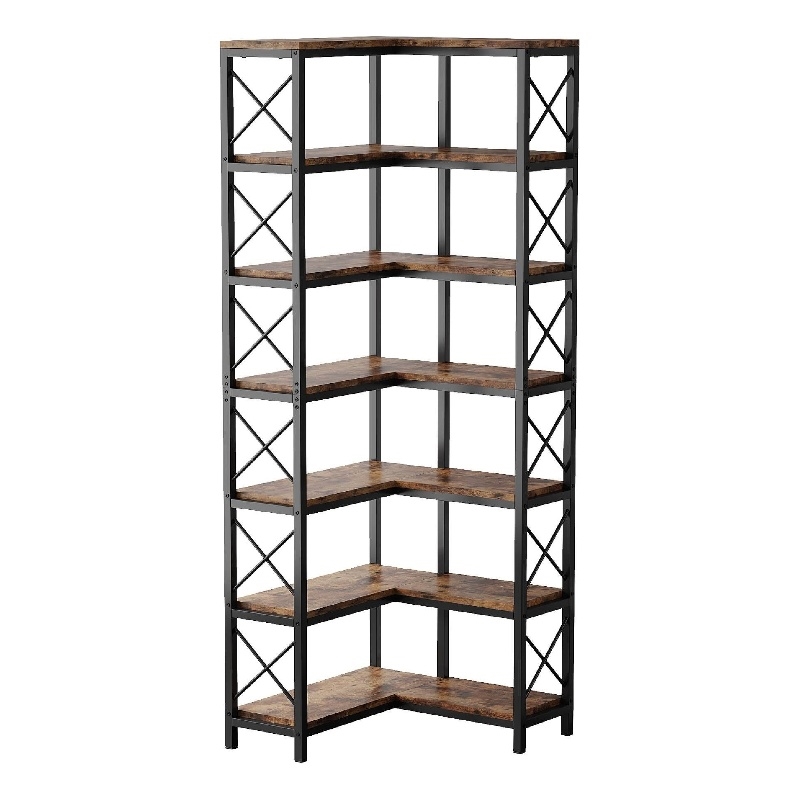 Benjara Corner Bookcase- 7 Tier w 14 Open Shelves- 79