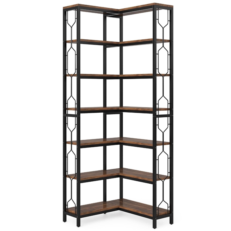 Benjara 7 Tier Corner Bookcase- 14 Open Wood Shelves- 79