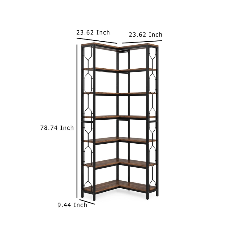 Benjara 7 Tier Corner Bookcase- 14 Open Wood Shelves- 79