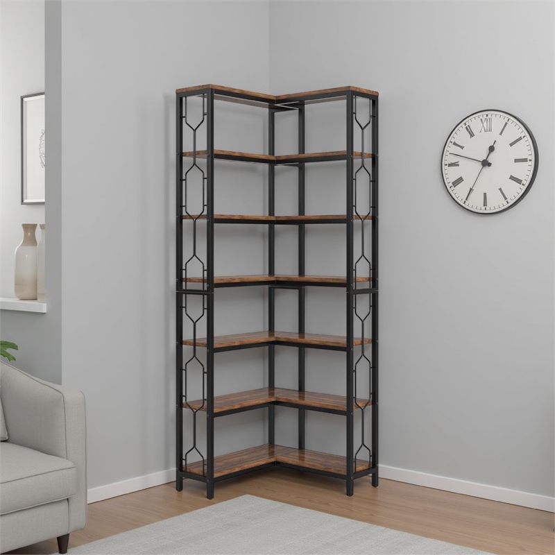 Benjara 7 Tier Corner Bookcase- 14 Open Wood Shelves- 79