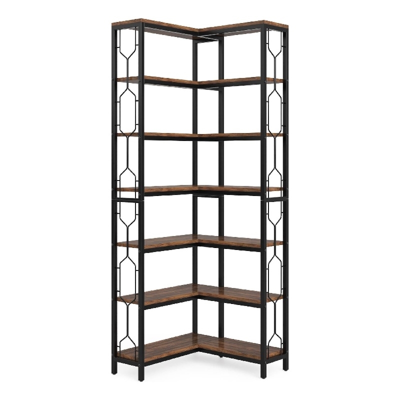 Benjara 7 Tier Corner Bookcase- 14 Open Wood Shelves- 79