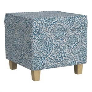 Benjara Pyp Square Storage Ottoman- 18&quot Blue Ivory Floral Fabric- Brown