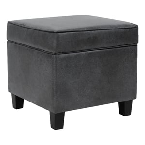 Benjara Pyp Square Storage Ottoman- 18&quot Dark Gray Faux Leather- Black Wood