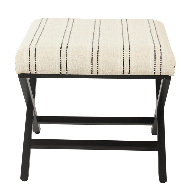 Benjara Square Ottoman Footstool- Black Metal- White Striped Polyester 20 Inch