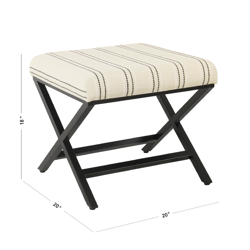 Benjara Square Ottoman Footstool- Black Metal- White Striped Polyester 20 Inch