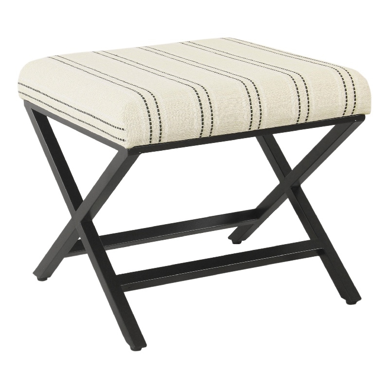 Benjara Square Ottoman Footstool- Black Metal- White Striped Polyester 20 Inch