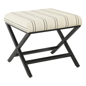 Benjara Square Ottoman Footstool- Black Metal- White Striped Polyester 20 Inch