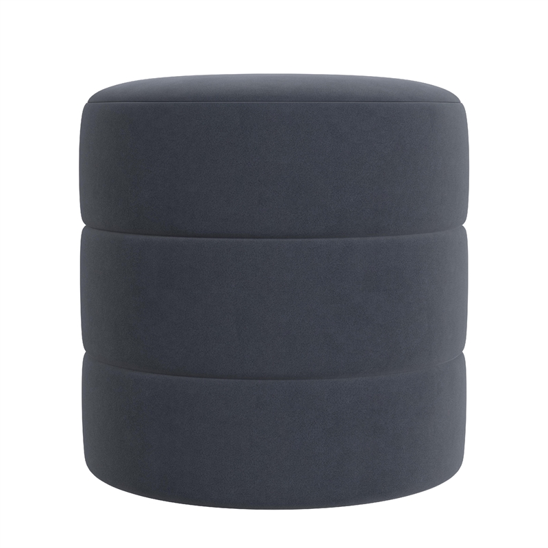Benjara Sem Round Accent Ottoman- Royal Blue Channel Stitched Velvet 18 Inch