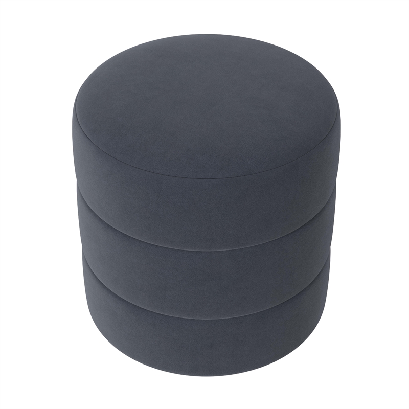 Benjara Sem Round Accent Ottoman- Royal Blue Channel Stitched Velvet 18 Inch