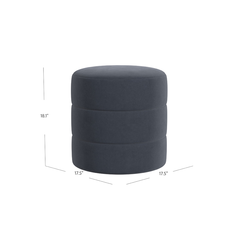 Benjara Sem Round Accent Ottoman- Royal Blue Channel Stitched Velvet 18 Inch