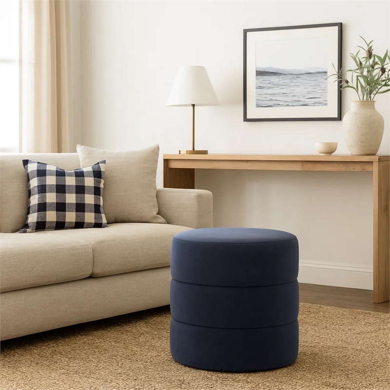 Benjara Sem Round Accent Ottoman- Royal Blue Channel Stitched Velvet 18 Inch