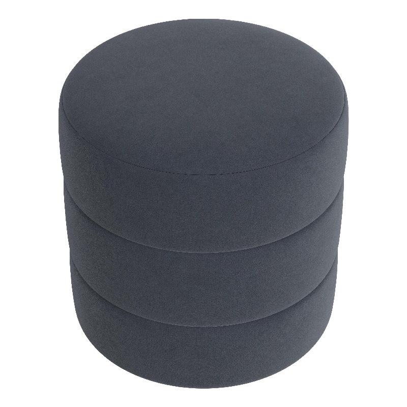 Benjara Sem Round Accent Ottoman- Royal Blue Channel Stitched Velvet 18 Inch